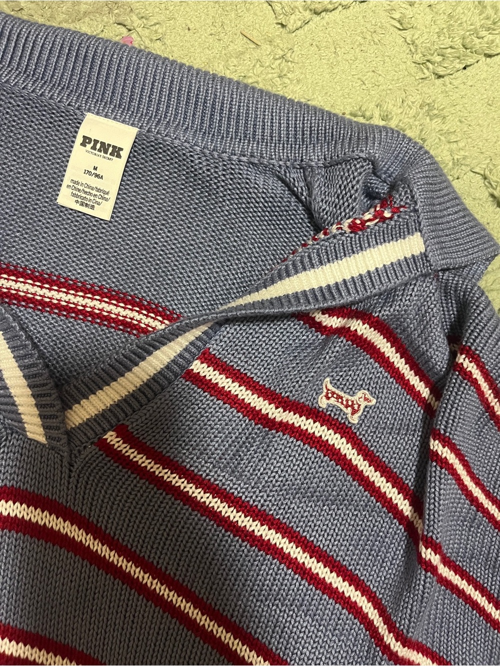 PINK Victoria's Secret Light Blue, Red & White Striped V-Neck Sweater